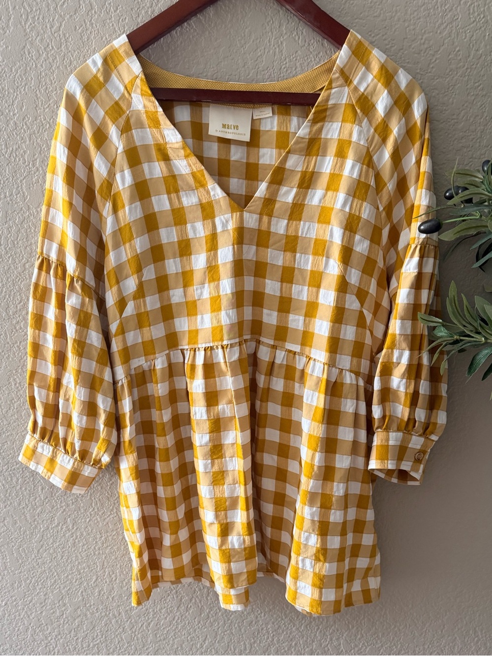 Maeve by Anthropologie Gingham Babydoll Blouse Mustard Yellow S